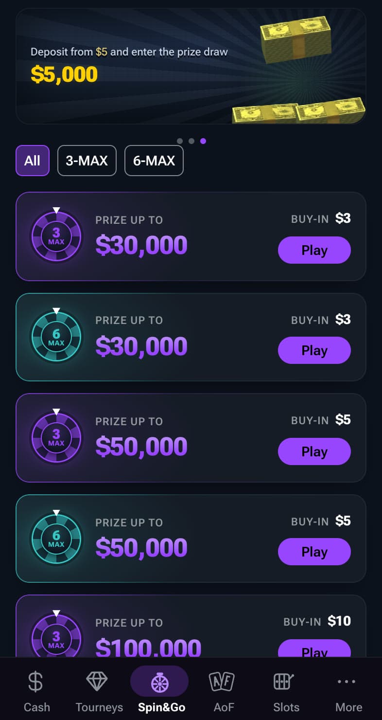 Solana Poker Spin&Go lobby