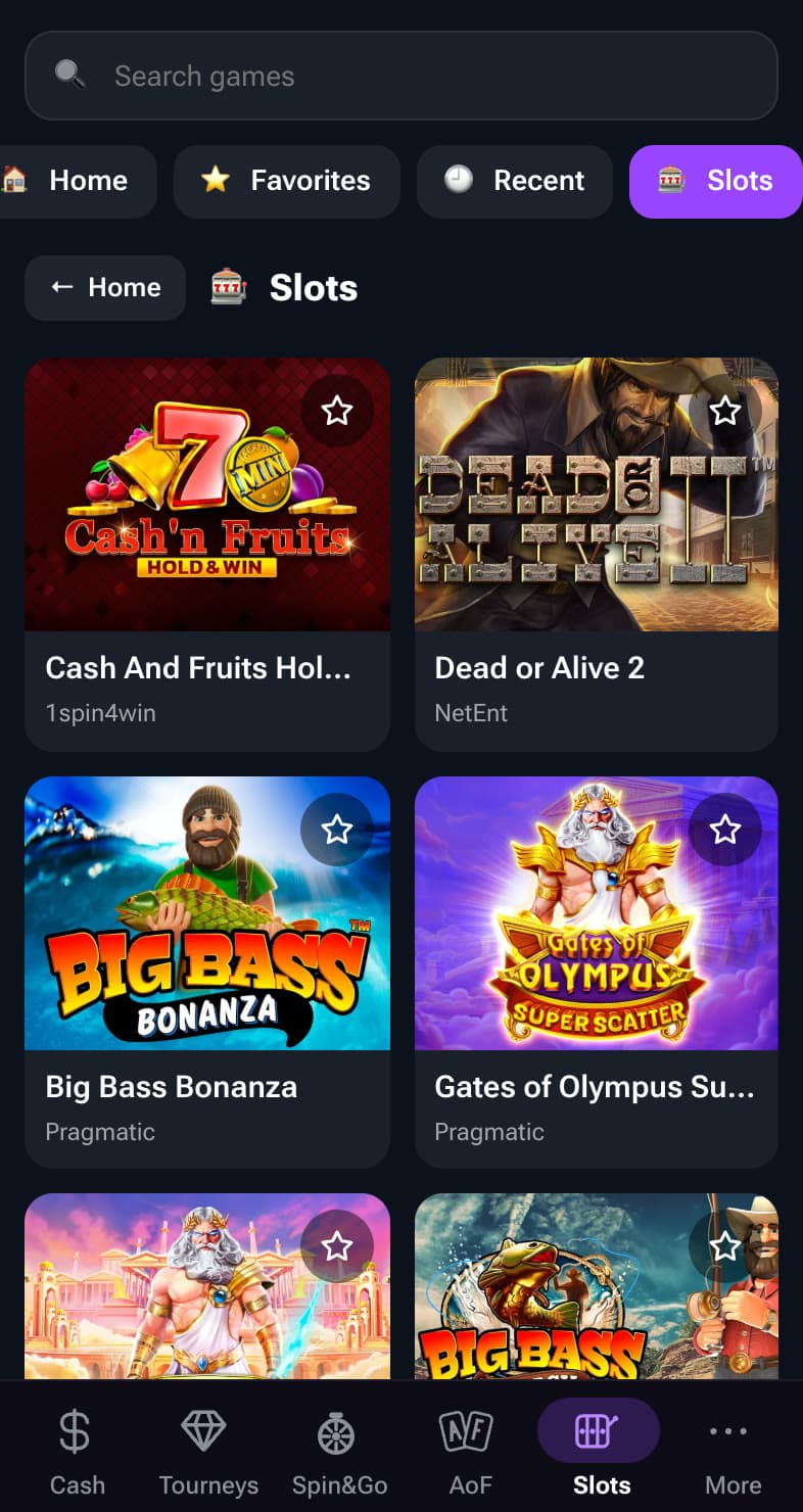 Solana Poker slots catalog on mobile